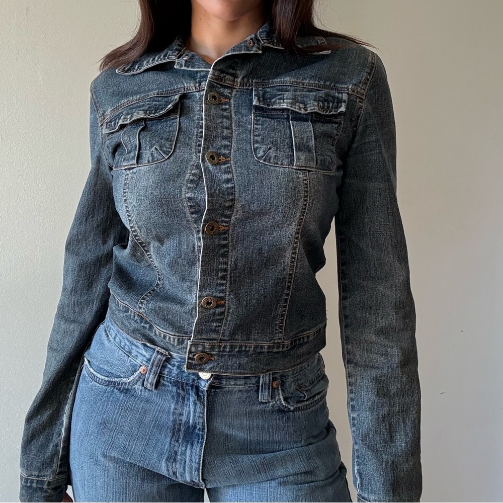 1990s Faded Fitted Denim Jacket -Grunge Y2K Jean Jacket — Small - Picture 2 of 7